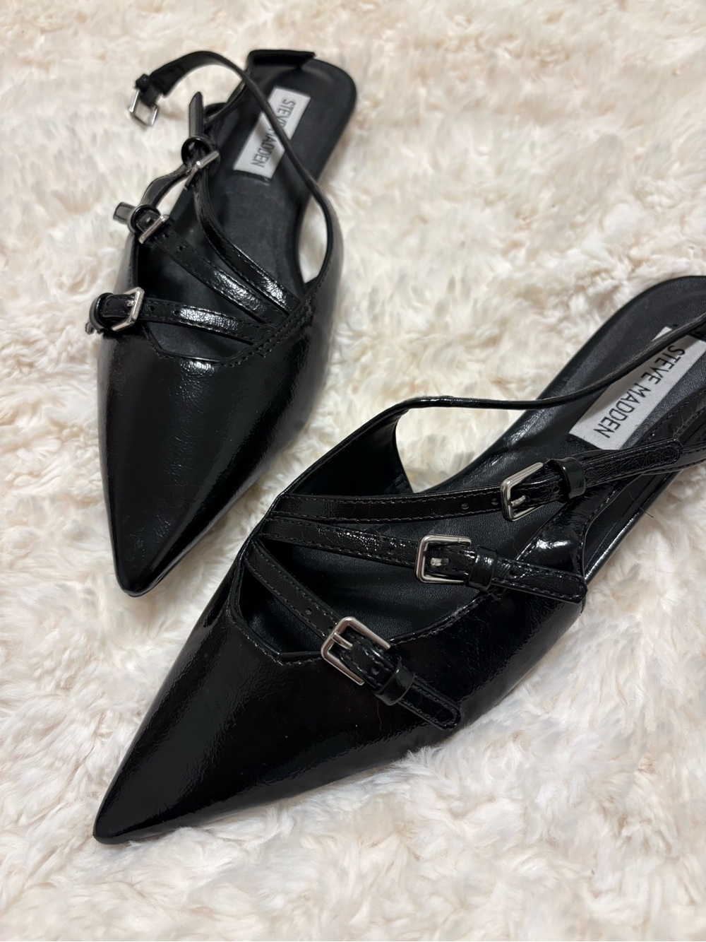 Steve Madden Black Pointed Buckle Slingback Flats with Strappy Detail